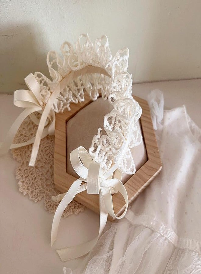 PLwelth White Flower Lace Headband Bow Wide Hairband for Kids Girls Vintage Floral Embroidered Head Bands Thick Headbands with Teeth Elegant Hair Accessories for Cosplay Tea Party Princess Wedding - Image 4